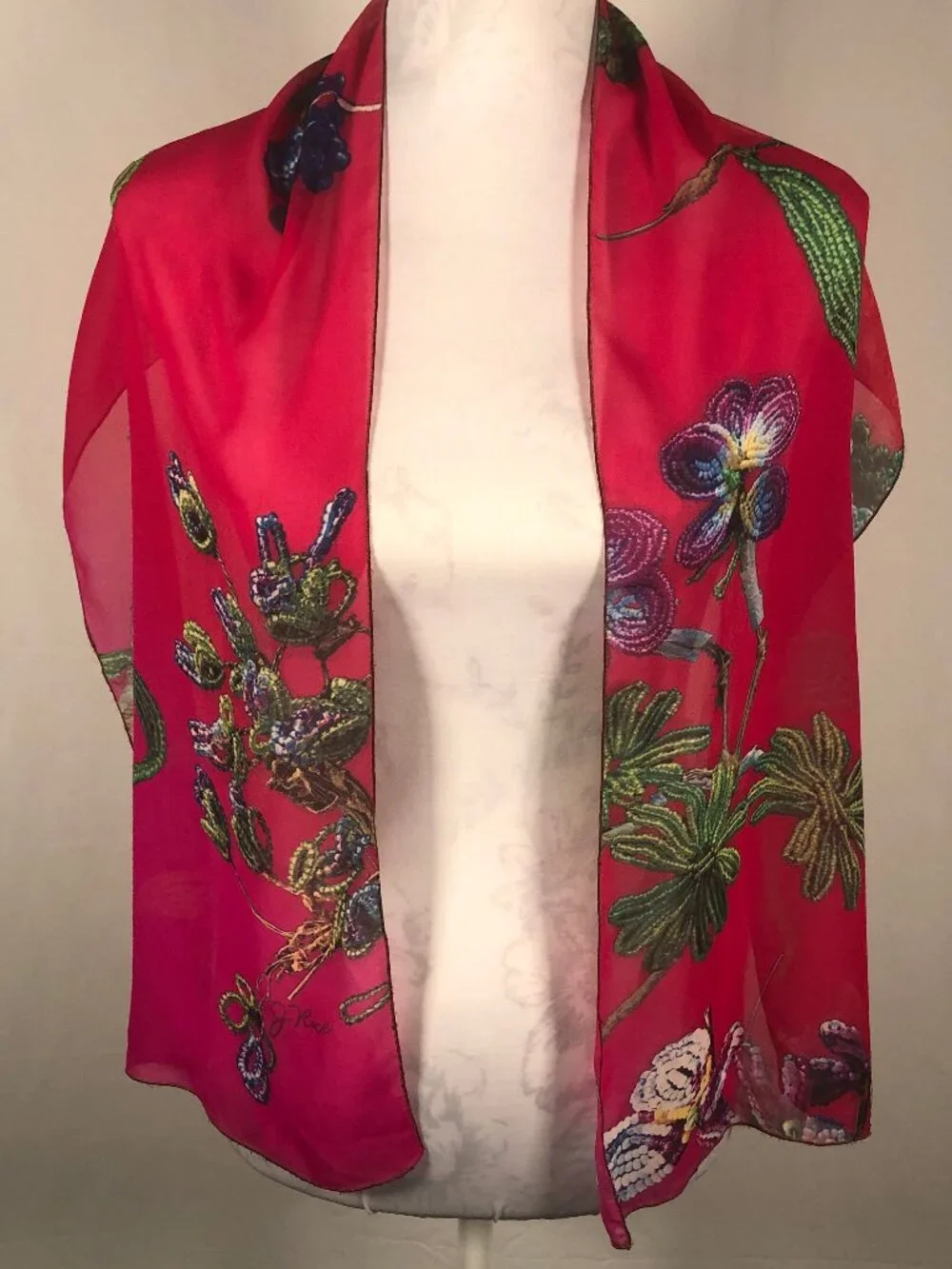 Vintage Signed Wearable Art Chiffon Scarf – Cherry Red Botanical Art Scarf